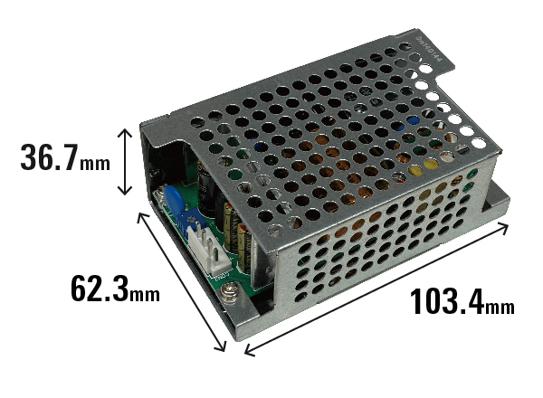 医療吸引機用電源の外観と寸法（103.4mm×62.3mm×36.7mm）