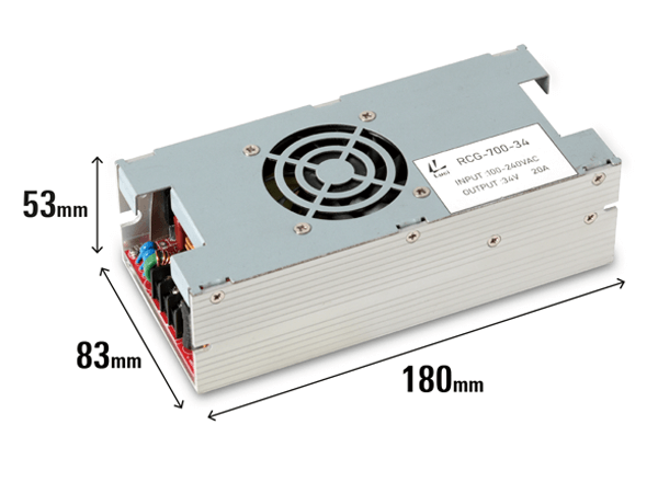 医療吸引機用電源の外観と寸法（180mm×83mm×53mm）